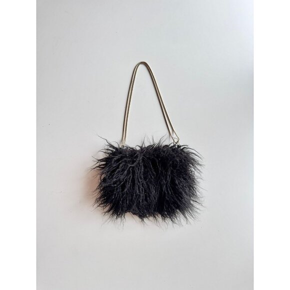 ZARA Black Faux Mongolian Fur Convertible Evening Purse Bag - Picture 1 of 16
